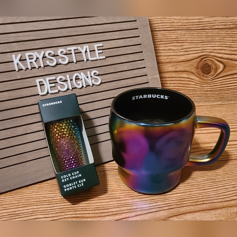 Starbucks oil slick skull mug & Cold Cup Keychain Rainbow Halloween